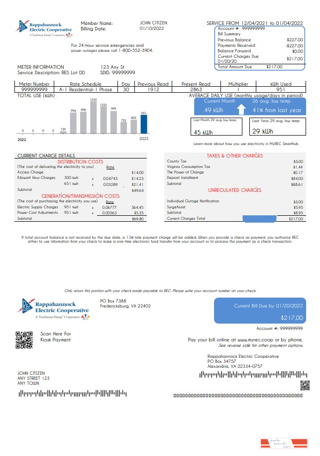 USA Rappahannock Electric Cooperative utility bill template in Word and PDF format